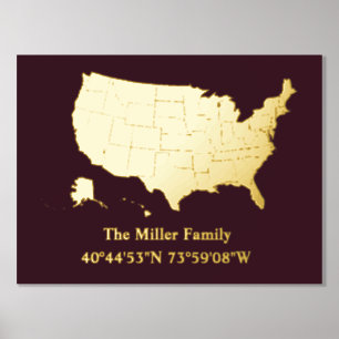 luxuriöses Gold US map Längengrad Breitengrad Zuha Foliendrucke