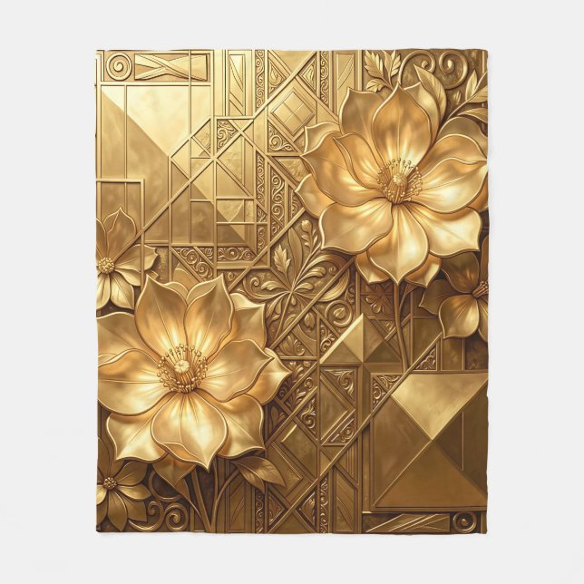 Luxuriöses goldenes Art Deco Blumenmuster Fleecedecke (Vorderseite)