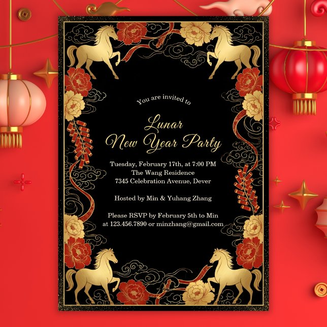 Luxuriöses Jahr des Pferdes 2026 Lunar Neujahr Einladung (Black and Gold Chinoiserie Lunar New Year 2026 Party Invitation)