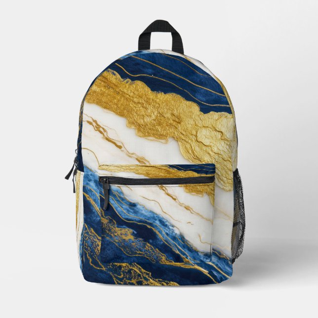Luxuriöses Marmorschiff aus Navy Blue & Gold Leaf Bedruckter Rucksack (Vorderseite)