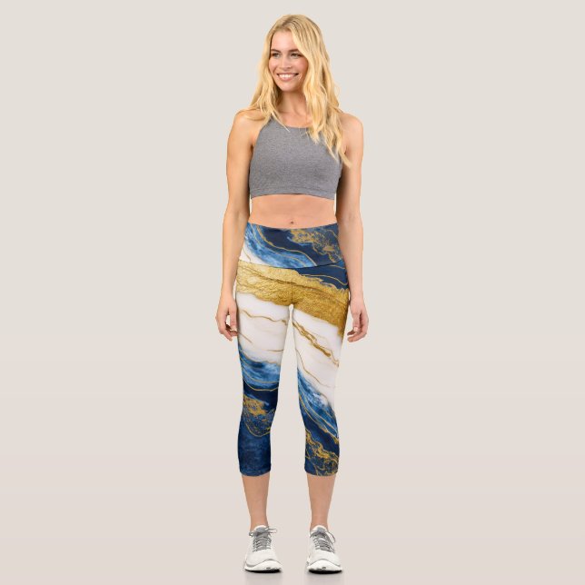 Luxuriöses Marmorschiff aus Navy Blue & Gold Leaf Capri Leggings (Vorderseite)