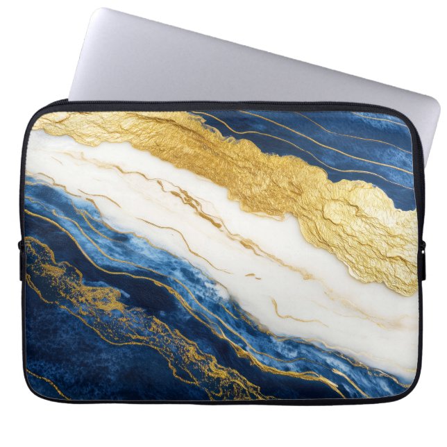 Luxuriöses Marmorschiff aus Navy Blue & Gold Leaf Laptopschutzhülle (Vorderseite)