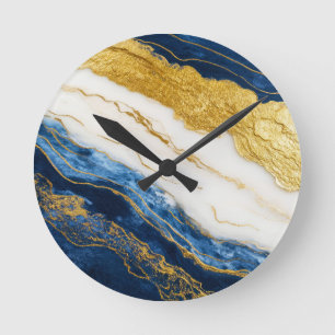Luxuriöses Marmorschiff aus Navy Blue & Gold Leaf Runde Wanduhr