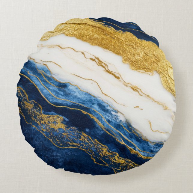 Luxuriöses Marmorschiff aus Navy Blue & Gold Leaf Rundes Kissen (Vorderseite)