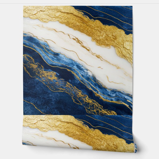 Luxuriöses Marmorschiff aus Navy Blue & Gold Leaf Tapete (Abrollen)
