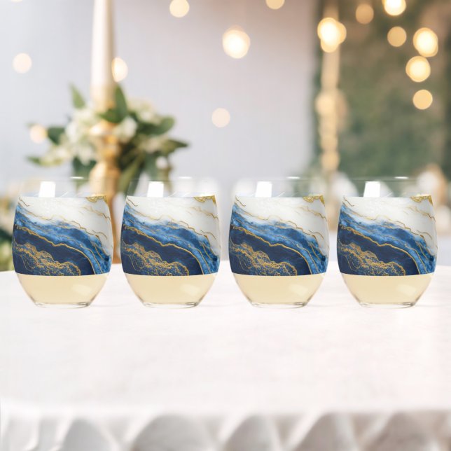 Luxuriöses Marmorschiff aus Navy Blue & Gold Leaf Weinglas Ohne Stiel (Insitu (Hochzeit))