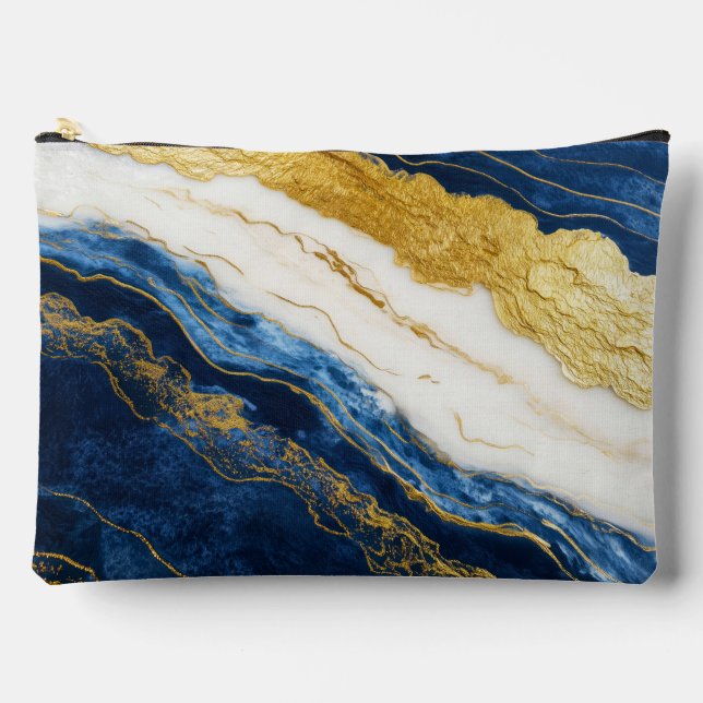 Luxuriöses Marmorschiff aus Navy Blue & Gold Leaf Zubehörtasche (Vorderseite)