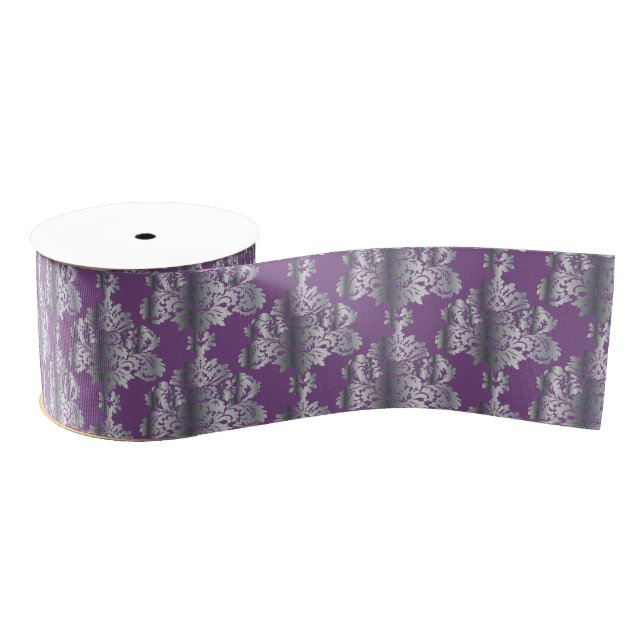 Luxuriöses Metallic Lila Damask Muster Ripsband (Spule)
