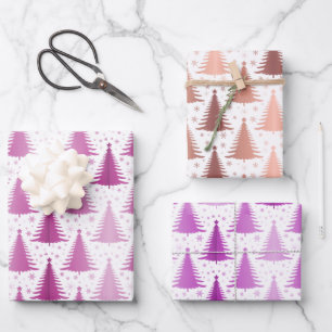 Luxuriöses, metallisches, Lila Weihnachtsbaummuste Geschenkpapier Set