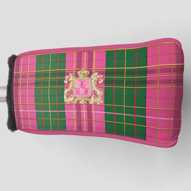 Luxuriöses Mit Monogramm rosa und grünes Kariertes Golf Headcover (Vorderseite)