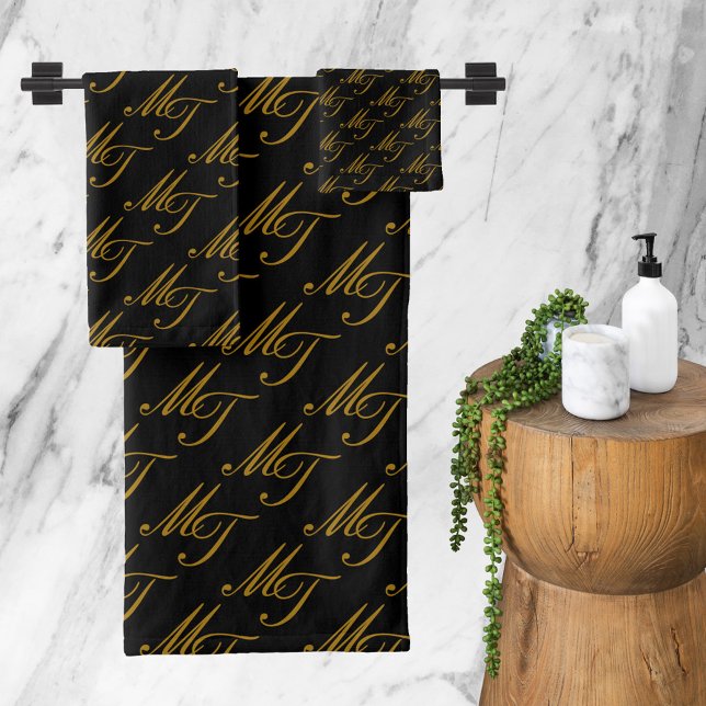 Luxuriöses modernes Monogram Muster Schwarzes Gold Badhandtuch Set (Luxury Modern Monogram Pattern Black Gold Bath Towel Set)
