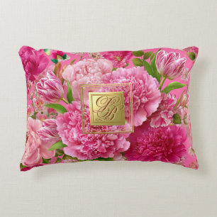 Luxuriöses, monogrammiertes, rosa Gartenblumenmust Dekokissen