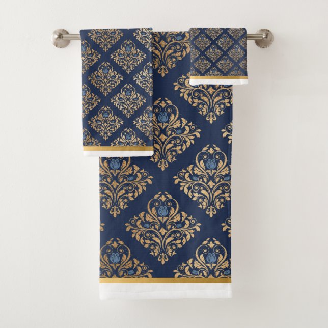 LUXURIÖSES NAVY GOLD TRIM HAMPTON TOWEL SET (Insitu)