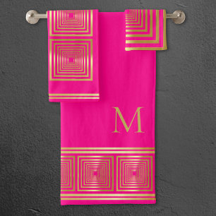 Luxuriöses Neon Hot Pink Gold Monogramm Handtuch S Badhandtuch Set