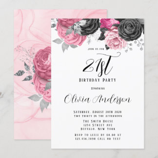 Luxuriöses Pink Black Florals 21. Geburtstag Party Einladung