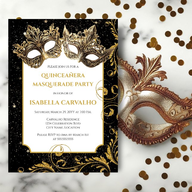 Luxuriöses Quinceañera Masquerade Party Einladung (Quinceanera masquerade birthday party invitation front view.)