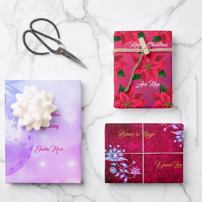 Luxuriöses Rosa & Blau Frohe Weihnachtsfest Geist Geschenkpapier Set (Vorderseite)