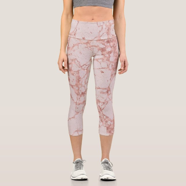 Luxuriöses Rosa Rose Blush Glitzer Marmor Capri Leggings (Vorderseite)