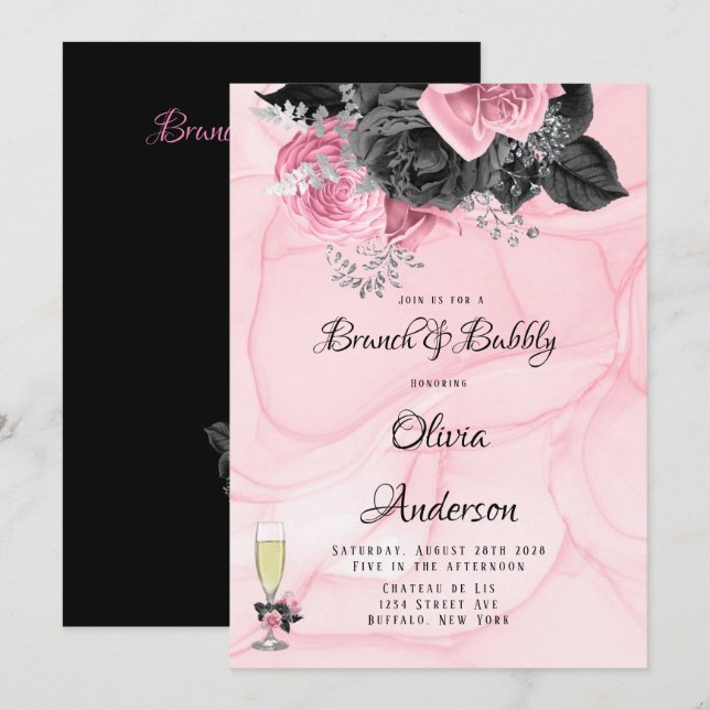 Luxuriöses rosa schwarz-florales Inking Brunch & B Einladung (Vorne/Hinten)