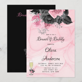 Luxuriöses rosa schwarz-florales Inking Brunch & B Einladung