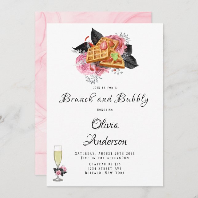 Luxuriöses rosa schwarz-florales Inking Brunch & B Einladung (Vorne/Hinten)