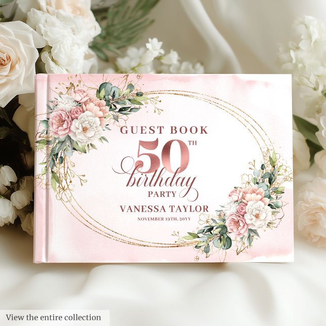Luxuriöses Rosé-Blumen-Grün 50. Gästebuch (Luxurious Blush Floral Greenery 50th Guest Book)