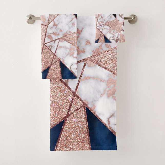 Luxuriöses Rose Gold Glitzer Geometrisches Marmor Badhandtuch Set (Insitu)