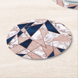 Luxuriöses Rose Gold Glitzer Geometrisches Marmor Runder Pappuntersetzer