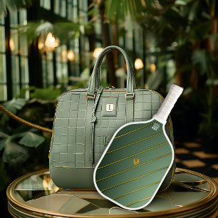 Luxuriöses Salbeigrün & Gold Monogramm Pickleball Schläger