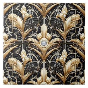 Luxuriöses Schwarz & Gold Art Deco Keramikfliese