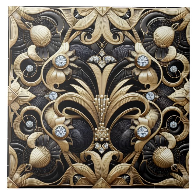Luxuriöses Schwarz & Gold Art Deco Keramikfliese (Vorderseite)