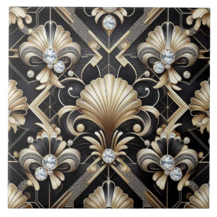 Luxuriöses Schwarz & Gold Art Deco Keramikfliese