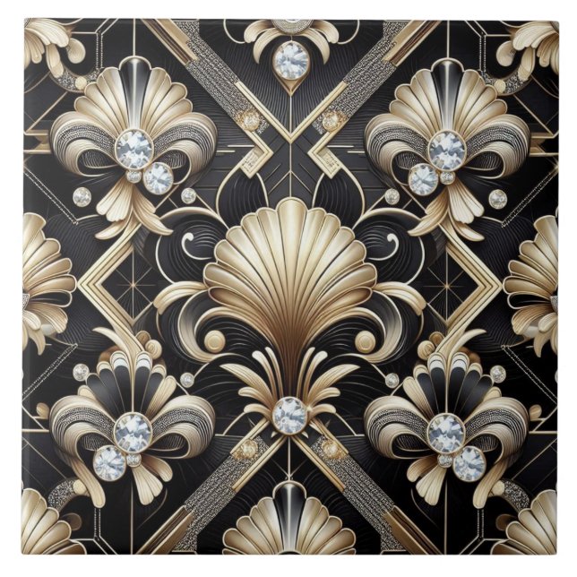 Luxuriöses Schwarz & Gold Art Deco Keramikfliese (Vorderseite)