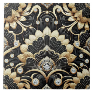 Luxuriöses Schwarz & Gold Art Deco Keramikfliese