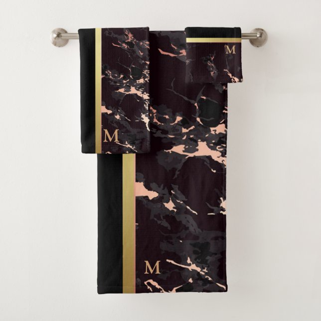Luxuriöses Schwarz-Gold-Marmor Mit Monogramm Badhandtuch Set (Insitu)