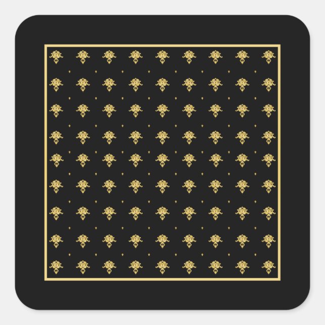Luxuriöses Schwarz-Gold-Vintag-Damaskus-Muster Quadratischer Aufkleber (Vorderseite)