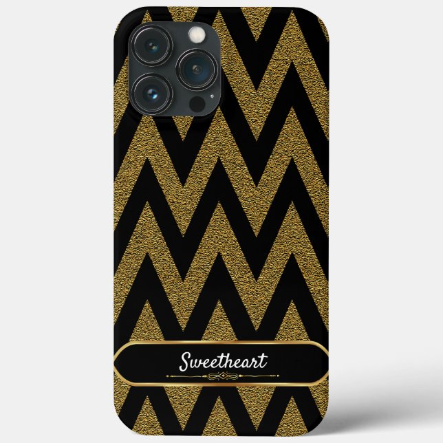 Luxuriöses Schwarz-Gold Zickzack Glitzer Muster Case-Mate iPhone Hülle (Rückseite)