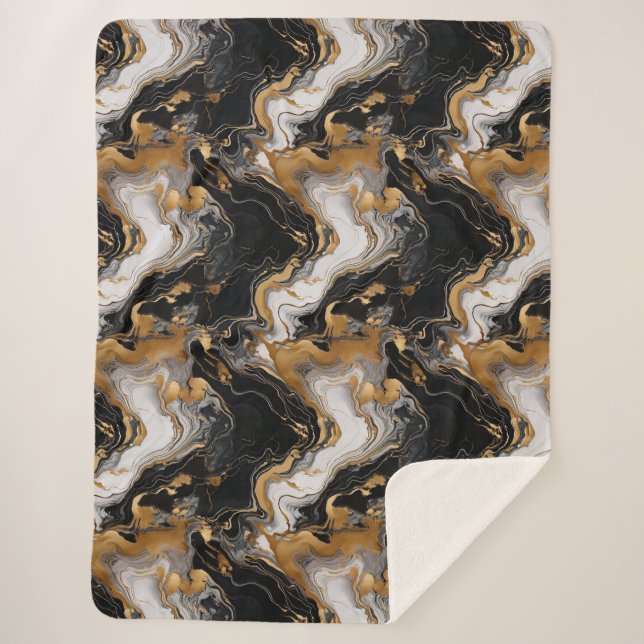 Luxuriöses Schwarz und Gold Marmor Sherpa Blanket Sherpadecke (Vorderseite)
