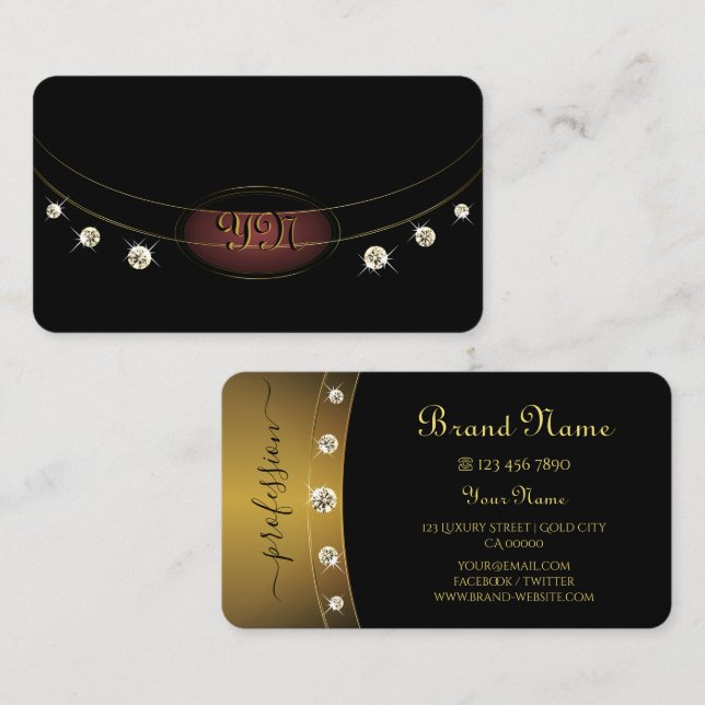 Luxuriöses Schwarz und Gold mit Initialen Diamonds Visitenkarte (Vorne/Hinten)