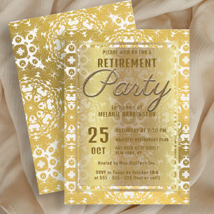Luxuriöses Shiny Gold Damask Retirement Party Einladung
