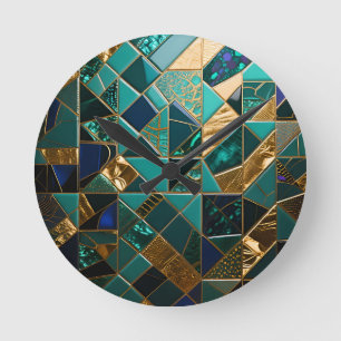 Luxuriöses Türkis-Gold-Geometrisches Mosaikmuster Runde Wanduhr