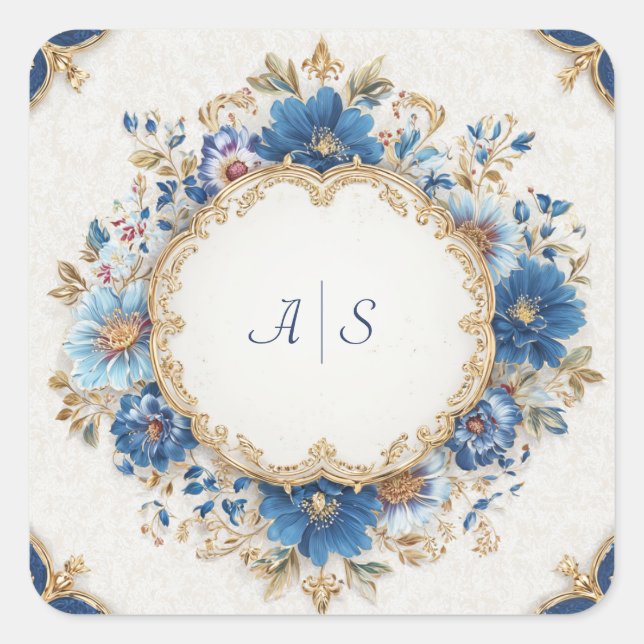 Luxuriöses Viktorianisch Blau- und Goldflordesign Quadratischer Aufkleber (Vorderseite)