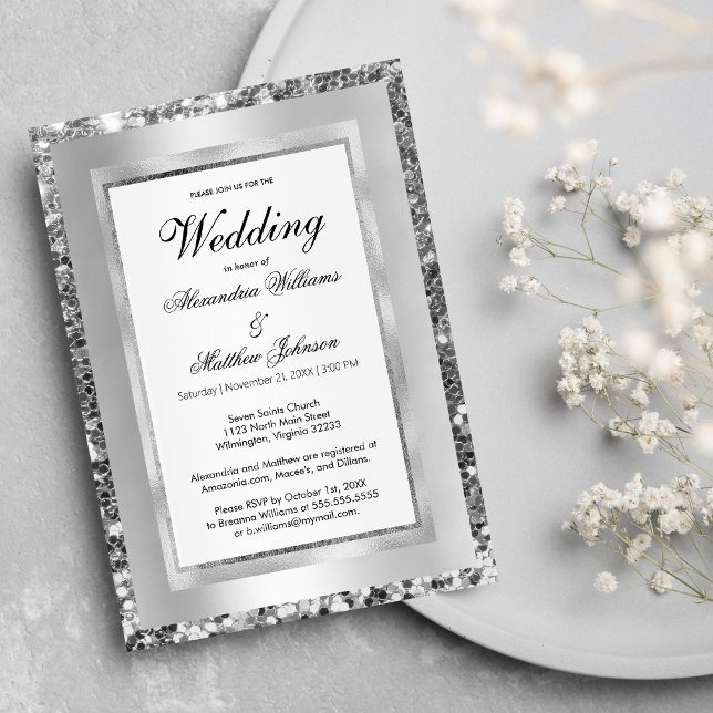 Luxuriöses, weißes silbernes Sequenzer Rahmen eleg Einladung (Luxury white silver sequin frame elegant Wedding )