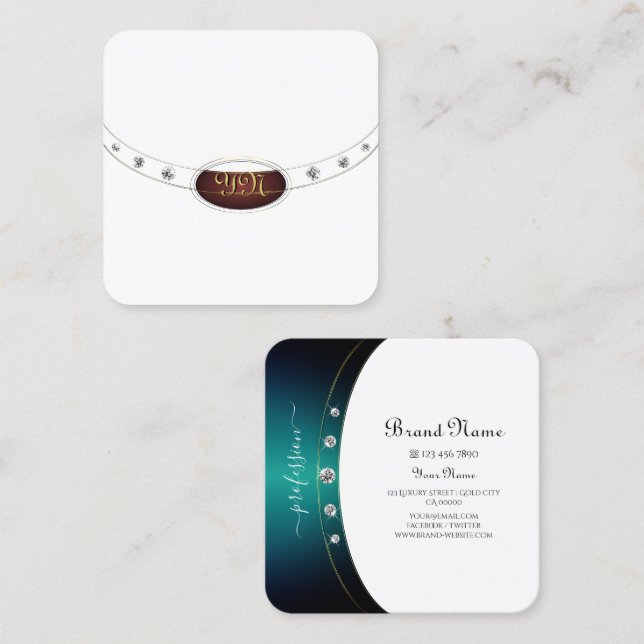 Luxuriöses White Blue Aquamarin Gradient Monogram Quadratische Visitenkarte (Vorne/Hinten)