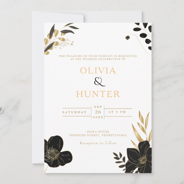 Luxuriöses White & Gold Floral Minimal Elegantes F Einladung (Vorderseite)