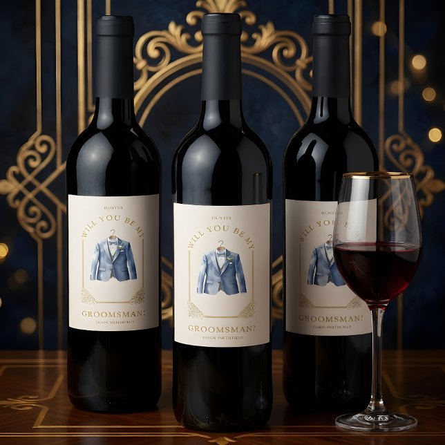 Luxurious Blue Suit Ornamental Dome Arch Effect Weinetikett (Luxurious Blue Suit Ornamental Dome Arch Effect Groomsman or Best Man Wine Labels Proposal.)