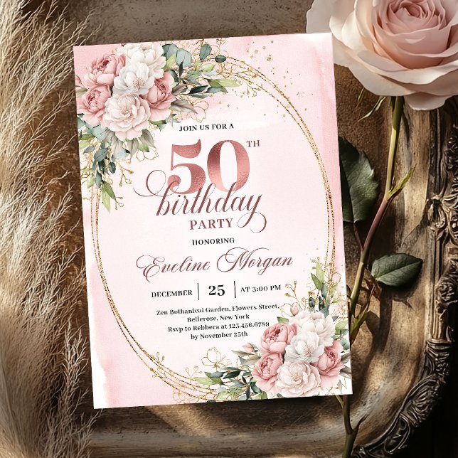 Luxurious Blush Floral Greenery 50th Birthday  Einladung (Luxurious Blush Floral Greenery 50th Birthday Invite)