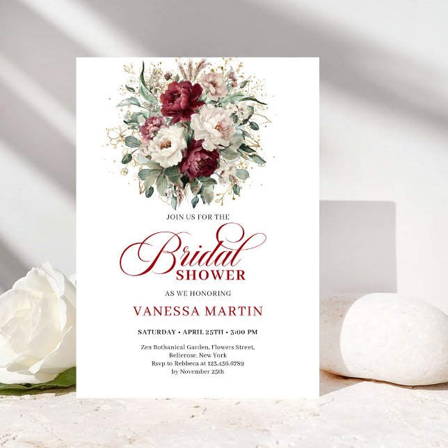 Luxurious Deep Red Gold Bridal Shower Invitation Einladung (Luxurious Deep Red Gold Bridal Shower Invitation)