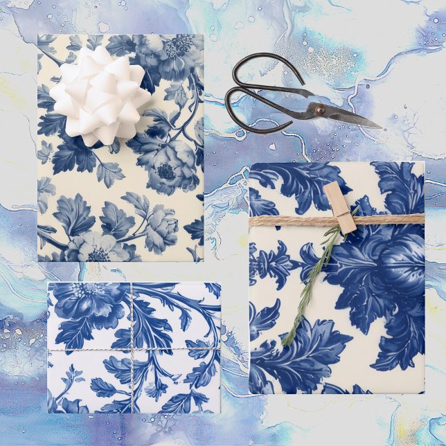 Luxurious French Toile Dreamy Blue Engraved Floral Geschenkpapier Set (Luxurious French Toile Dreamy Blue Engraved Floral Wrapping Paper Sheets)