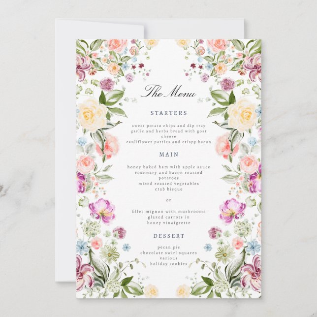 Luxurious Garden Floral Wedding Menu Card Einladung (Vorderseite)
